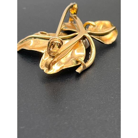 Art Nouveau 1900, 14k Yellow Gold Green Enamel Clover Seed Pearl Diamond Brooch - Picture 7 of 8